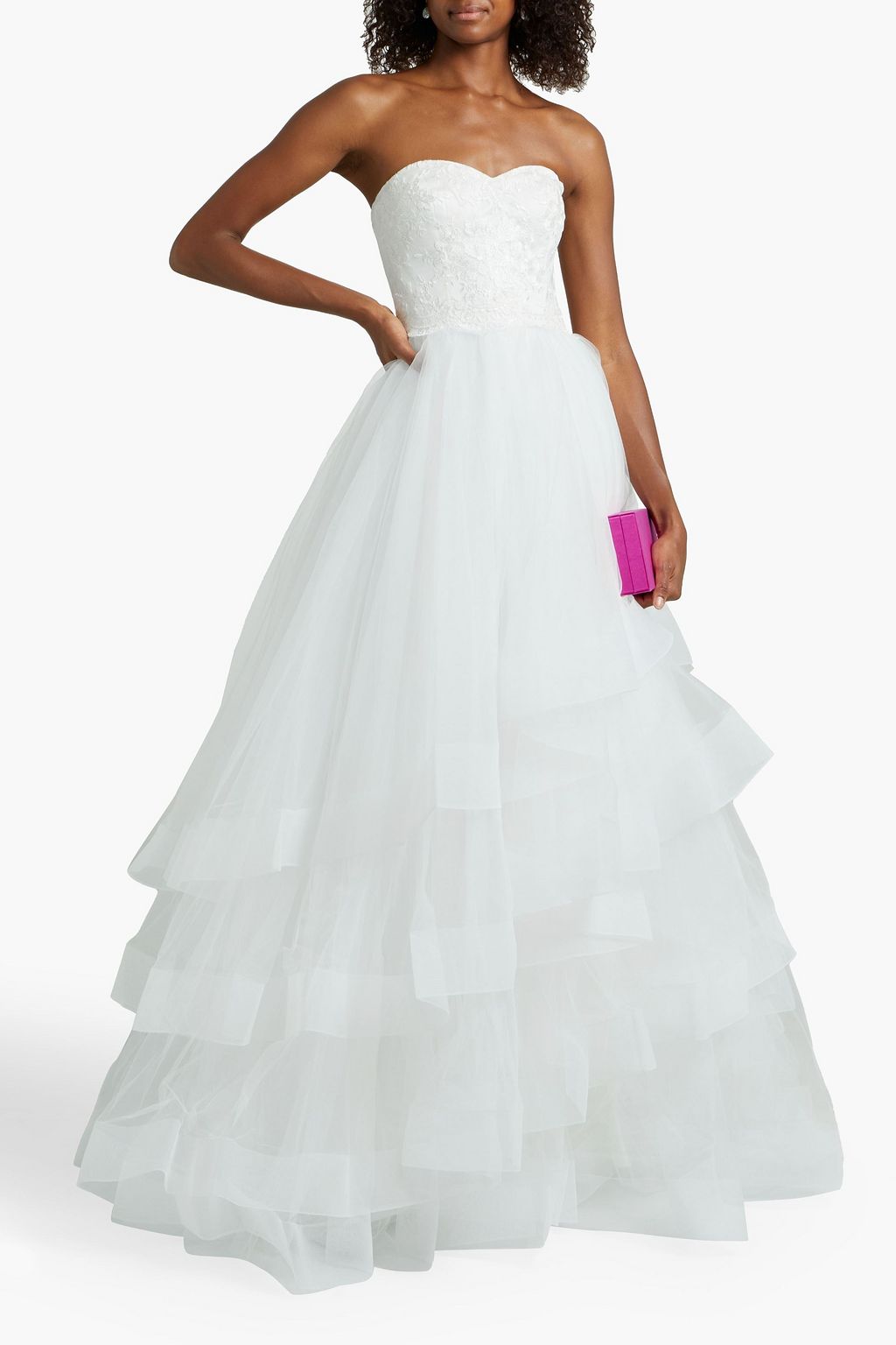 THEIA Strapless lace-paneled tiered tulle bridal gown