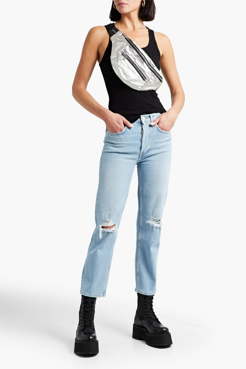 Re/done By Hanes Hanes Ribbed Cotton Tank In Black