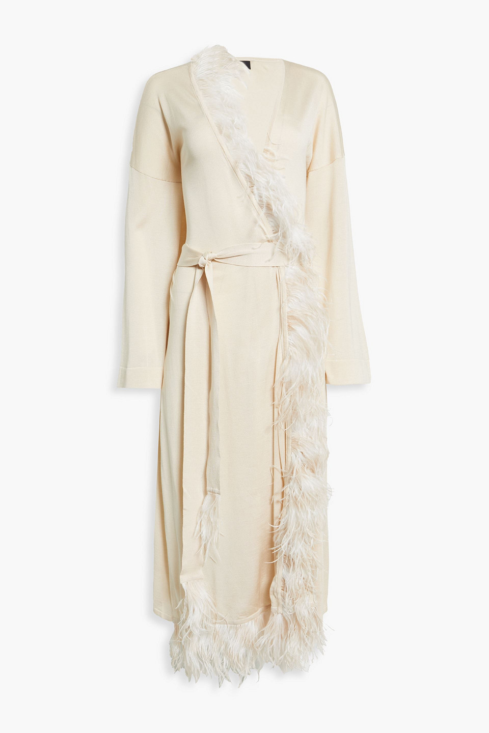 Alanui Faux Feather-trimmed Belted Silk Cardigan