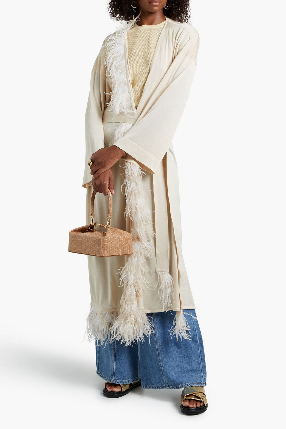 Alanui Faux Feather-trimmed Belted Silk Cardigan