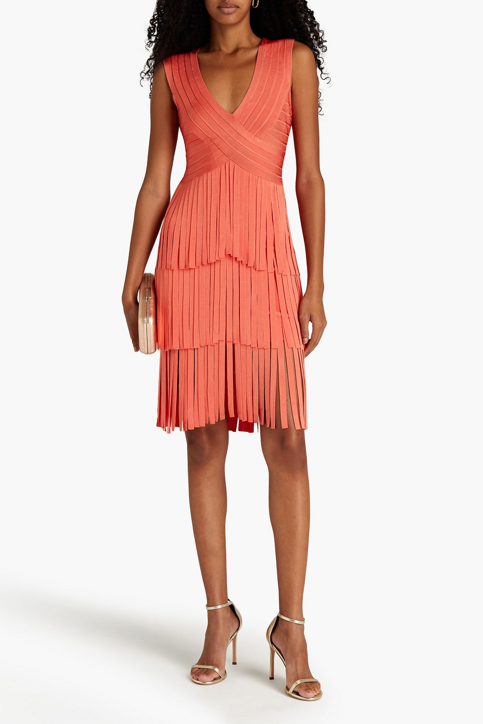 Herve Leger Sleeveless Fringed Dress In Deep Sea Coral