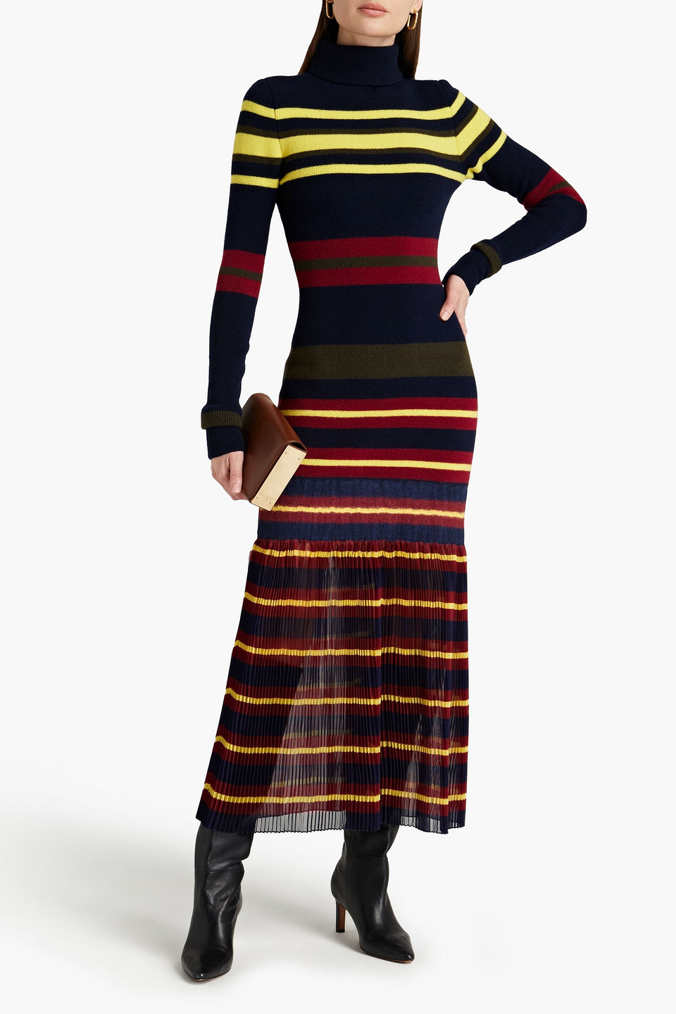 Philosophy Di Lorenzo Serafini Striped Pleated Wool And Chiffon Midi Dress In Navy