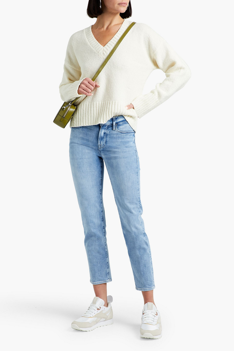 Frame Twist-front Ribbed Stretch-knit Sweater In Ivory