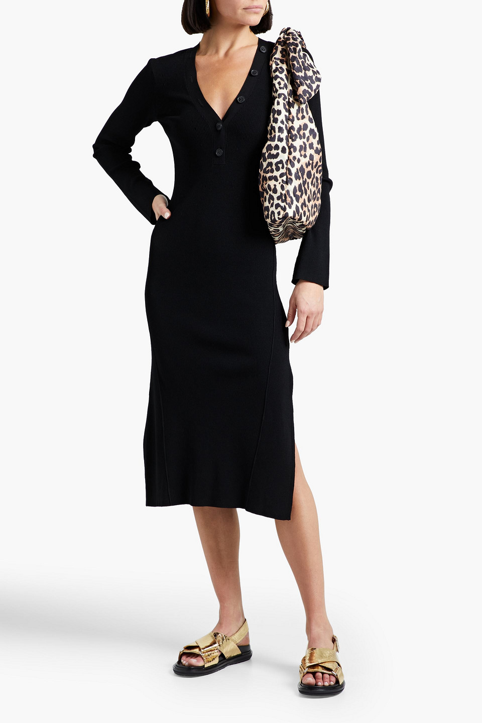 Frame Button-embellished Ribbed-knit Midi Dress In Black