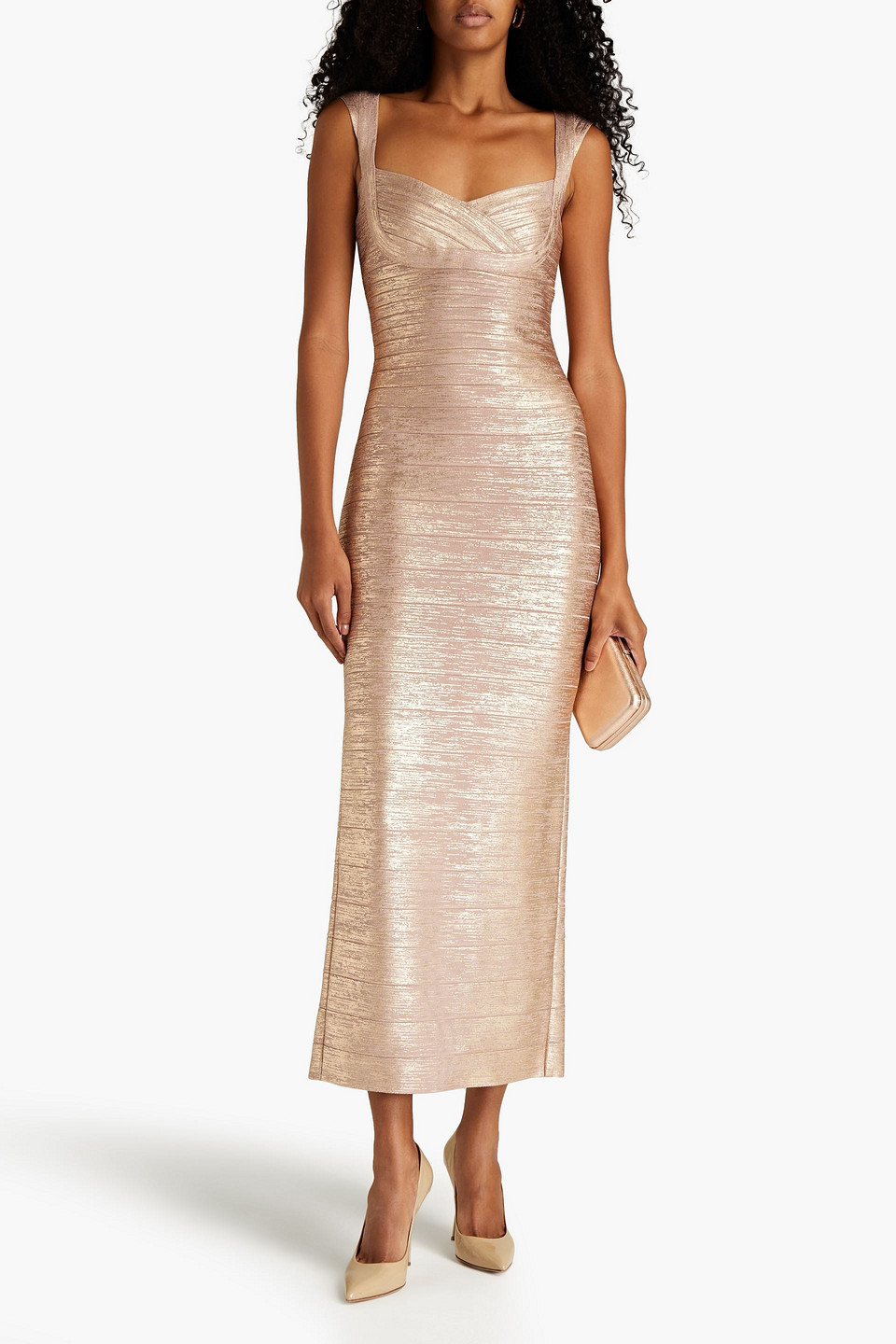 Herve Leger Metallic Bandage Gown In Rose Gold