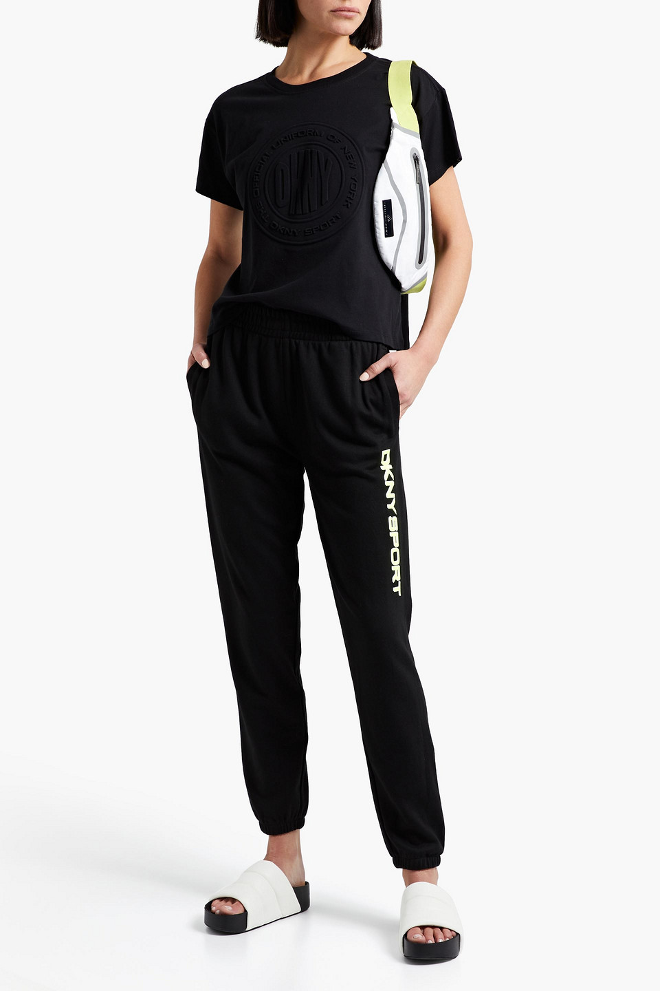 Dkny Printed French Cotton-blend Terry Track Trousers In Black