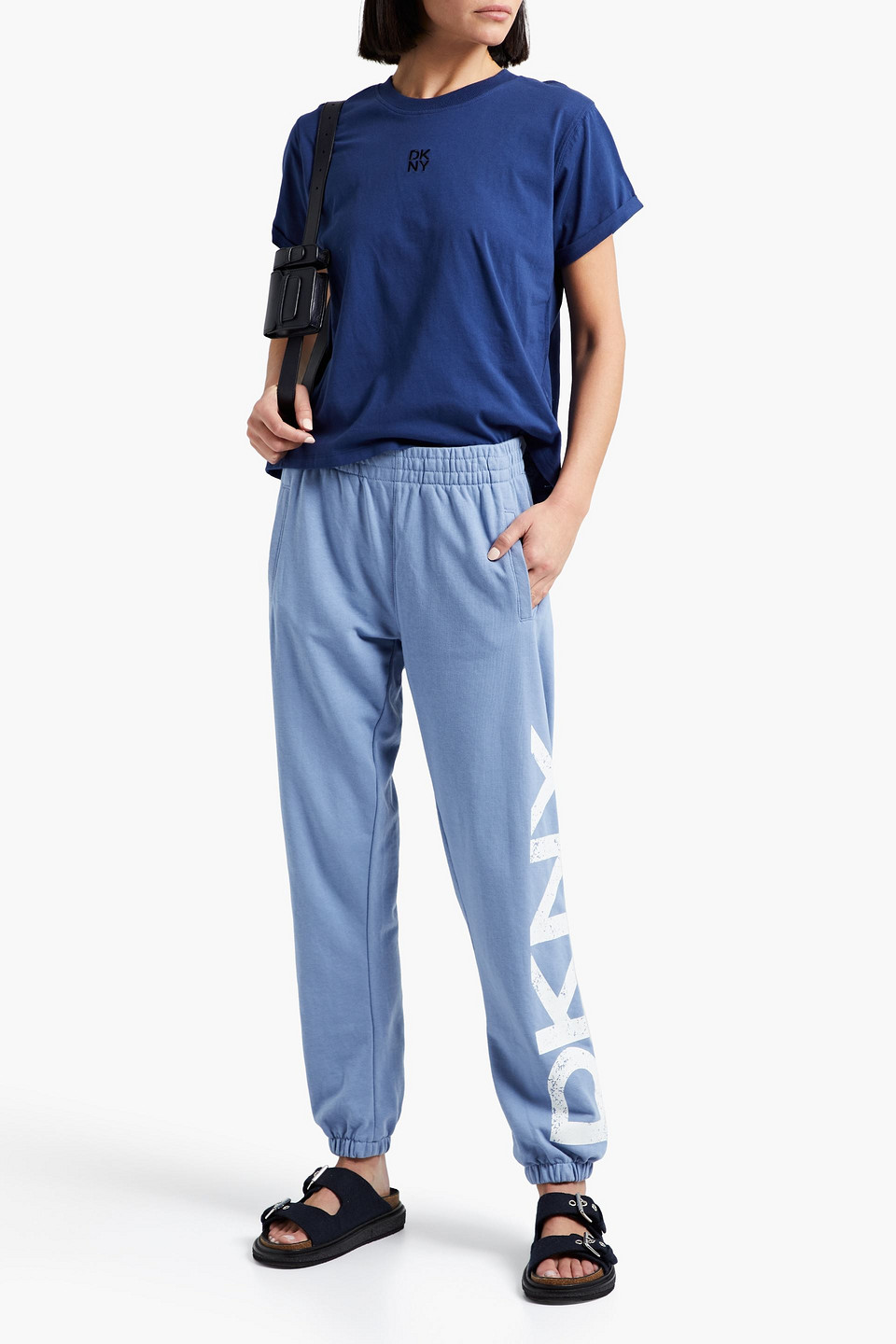 Dkny Printed French Cotton-blend Terry Track Trousers In Light Blue