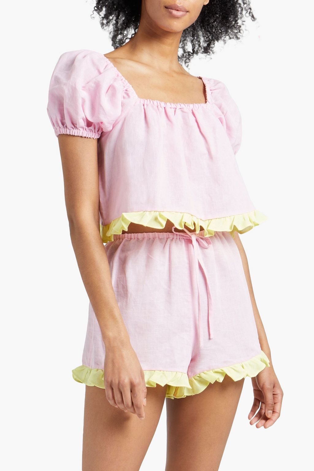 DORA LARSEN Emelie ruffled linen and organic cotton-blend pajama shorts