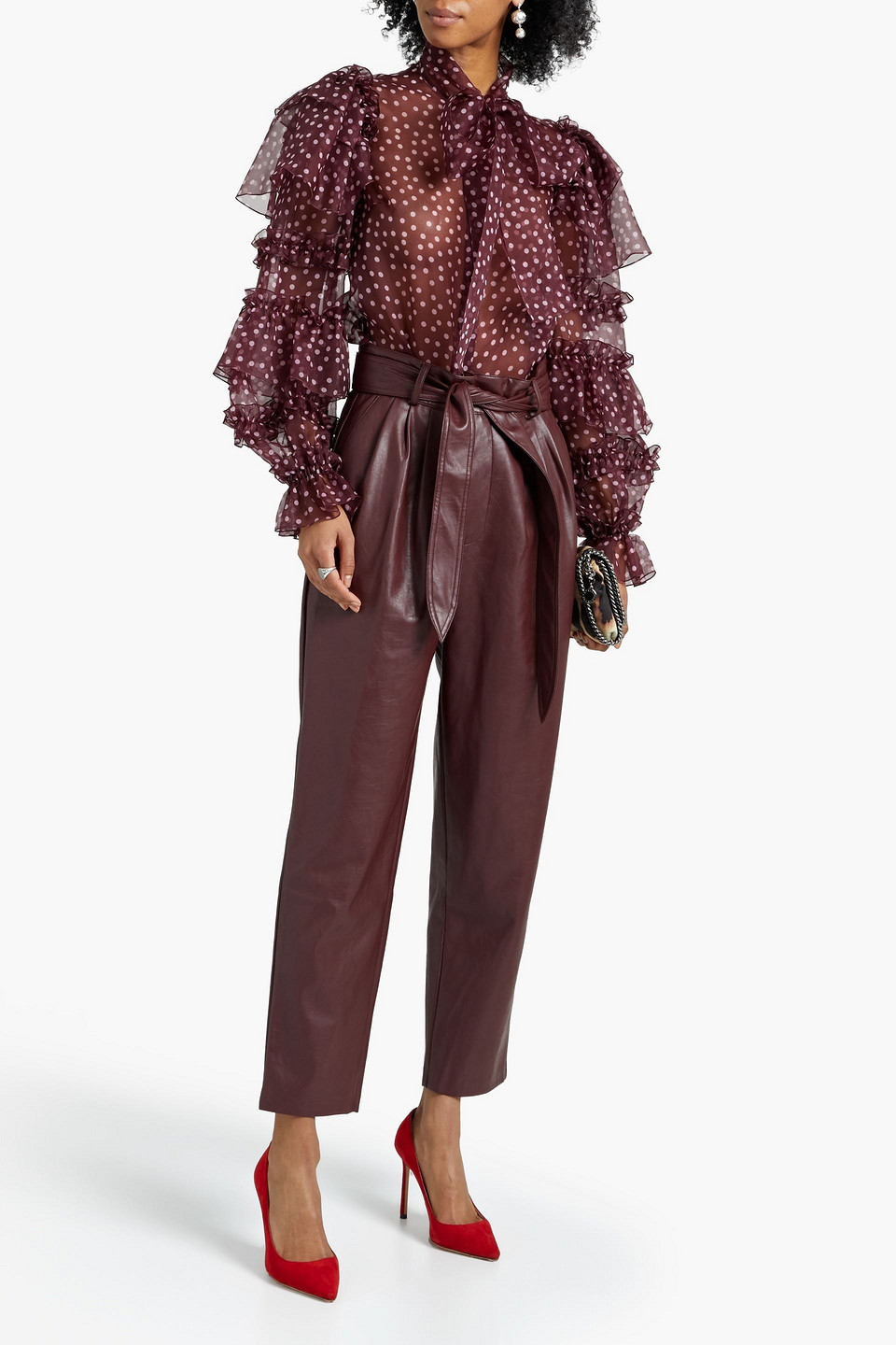 Dolce & Gabbana Pussy-bow Polka-dot Silk-organza Blouse In Merlot