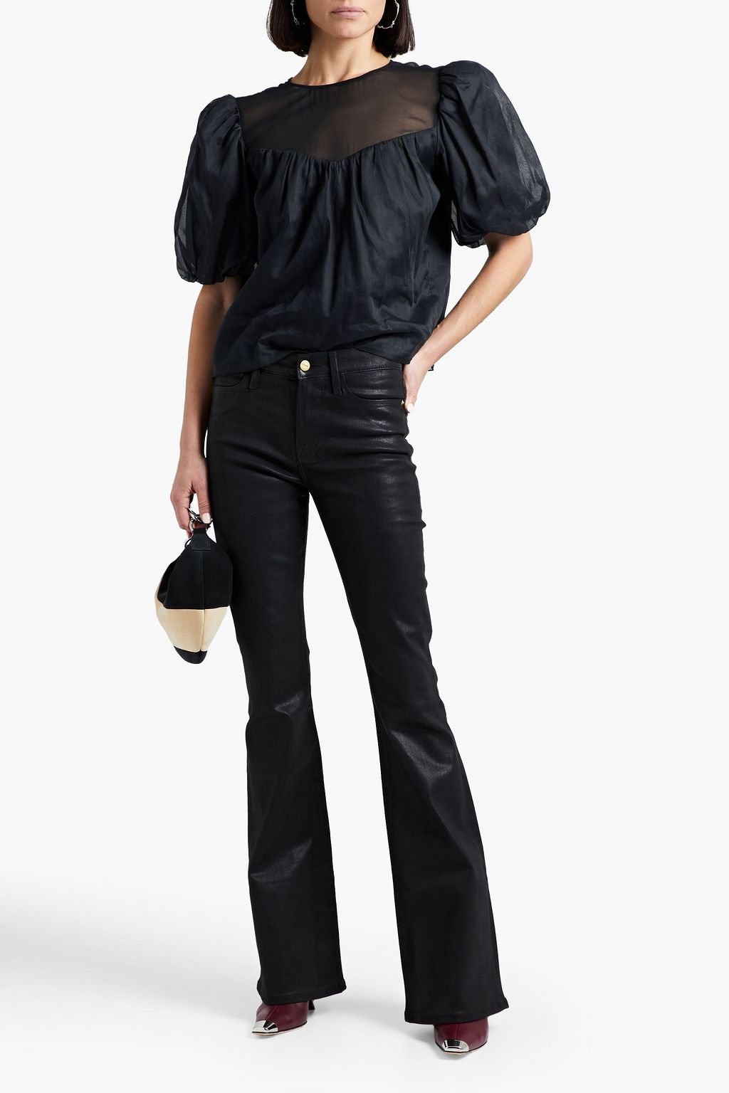 FRAME Silk organza-paneled gathered cotton top