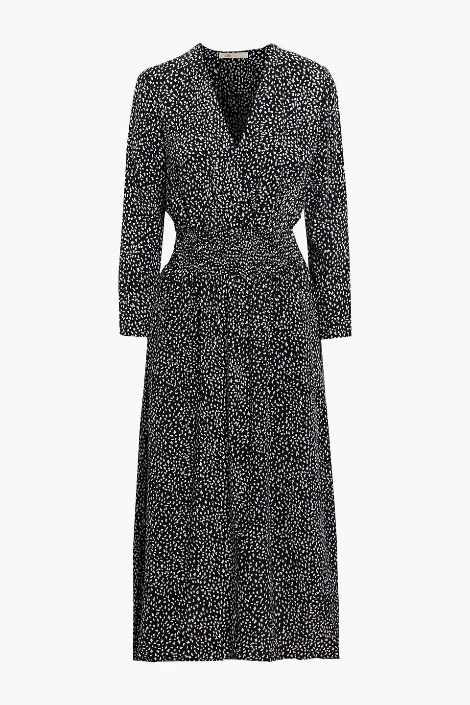 Shirred printed cupro-blend crepe de chine midi dress