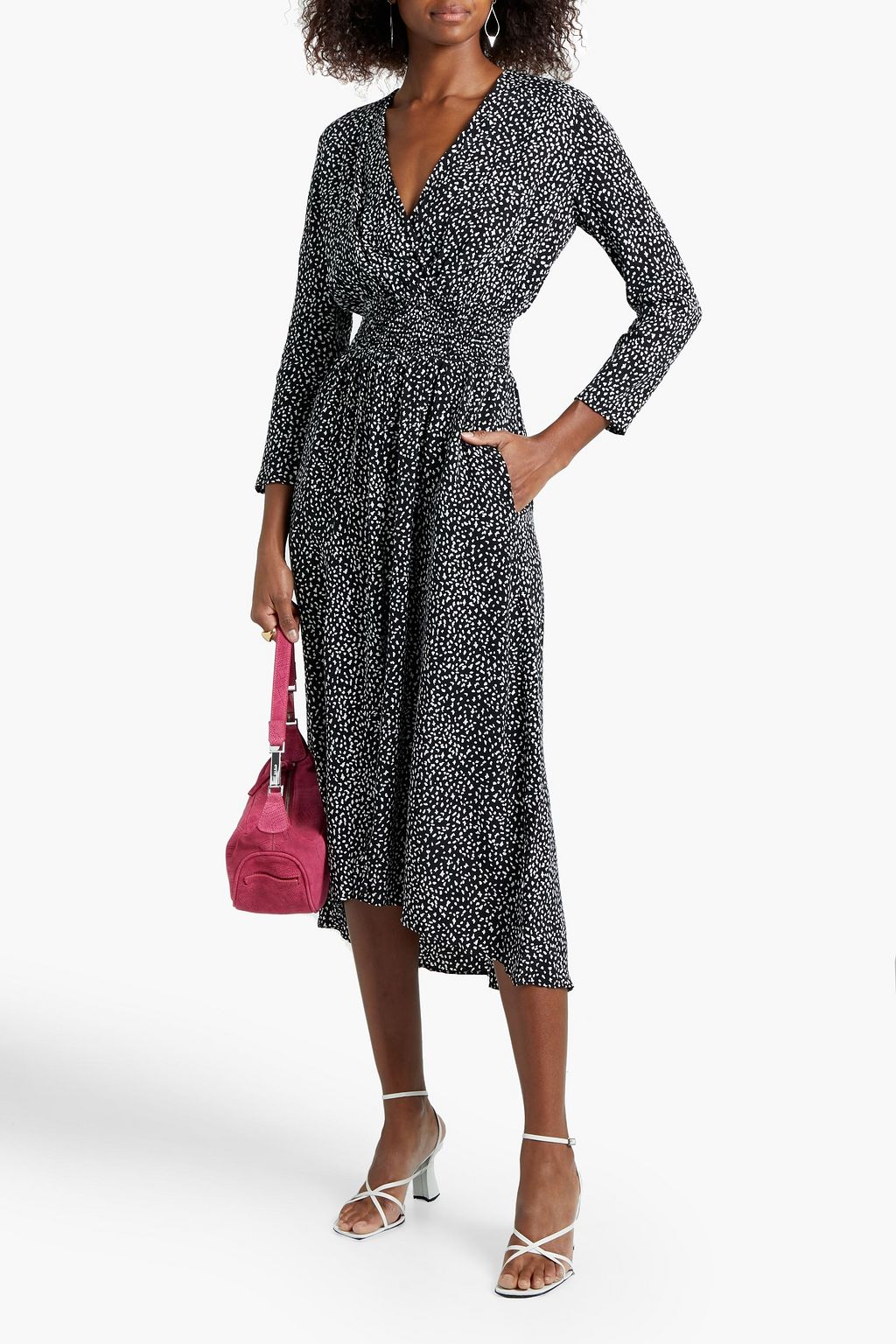 MAJE Shirred printed cupro-blend crepe de chine midi dress