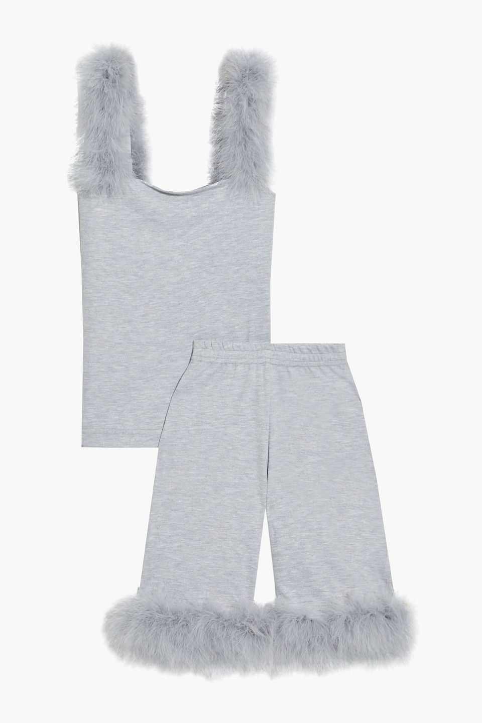 Feather-trimmed mélange jersey pajama set