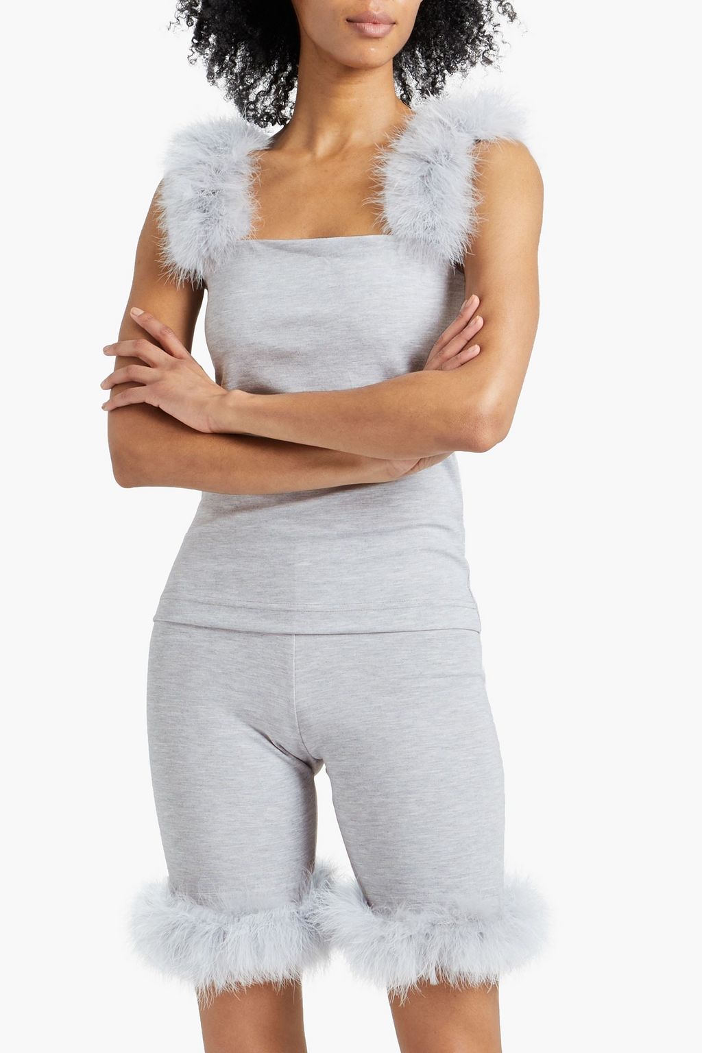 SLEEPER Feather-trimmed mélange jersey pajama set