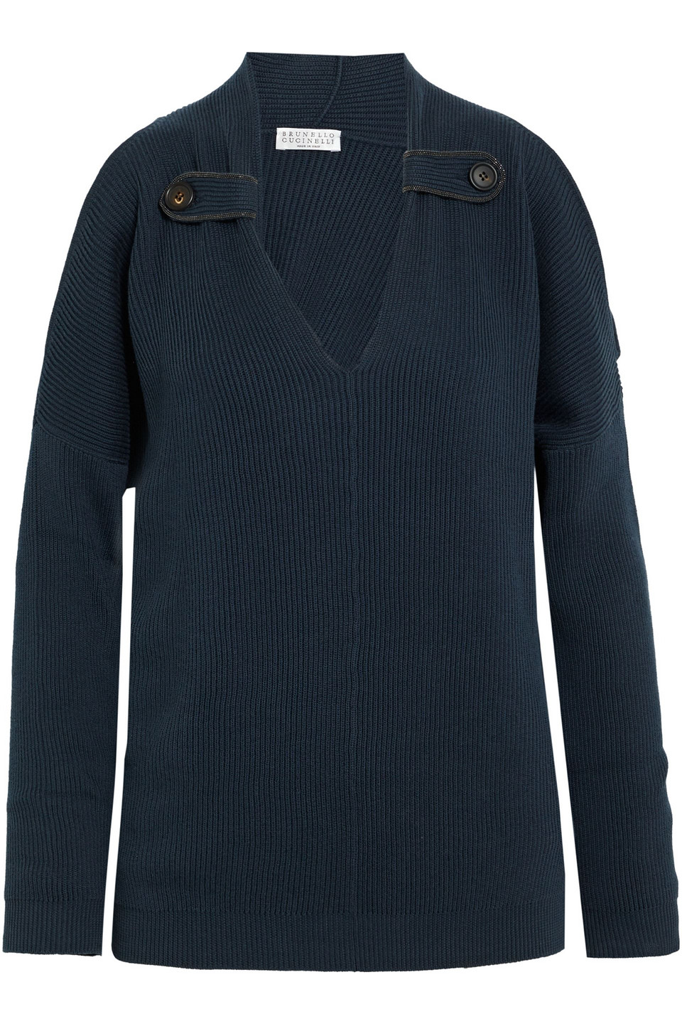 Brunello Cucinelli Cold-shoulder Bead-embellished Ribbed Cotton Sweater In Midnight Blue