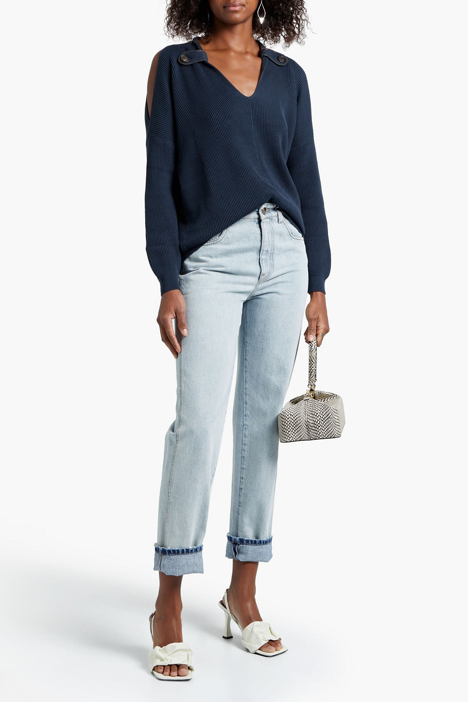 Brunello Cucinelli Cold-shoulder Bead-embellished Ribbed Cotton Sweater In Midnight Blue