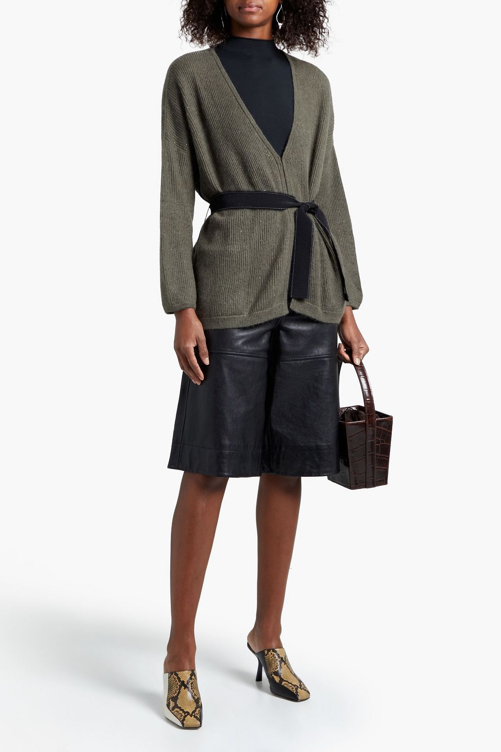 BRUNELLO CUCINELLI Belted bead-embellished ribbed-knit cardigan