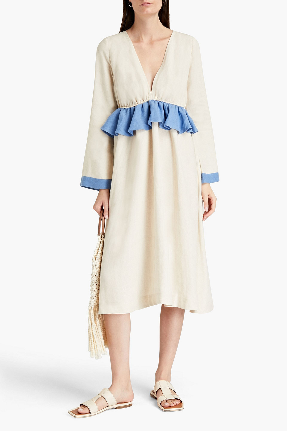 Casa Raki Eva Ruffled Slub Organic Linen Midi Dress In Neutrals