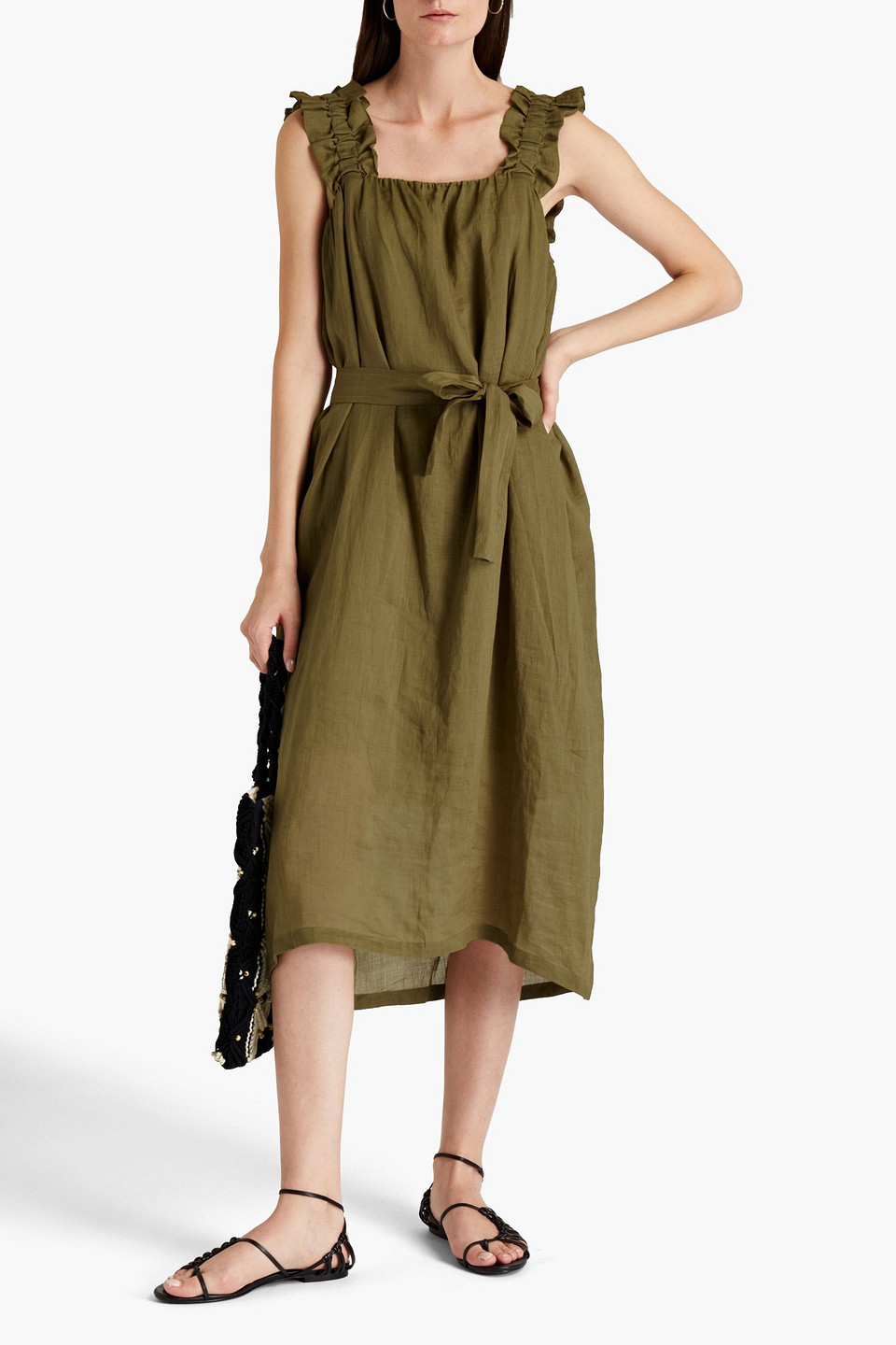 Frame Ruffle-trimmed Gathered Ramie Midi Dress
