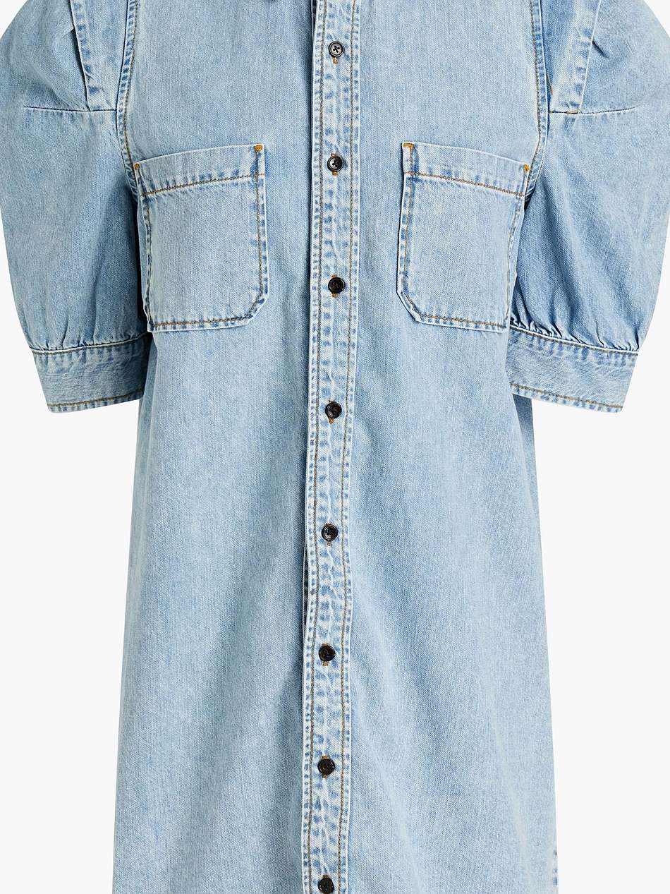 gathered denim mini shirt dress