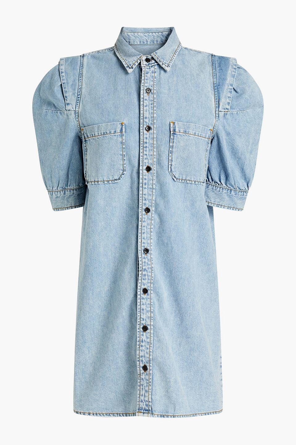 Gathered denim mini shirt dress
