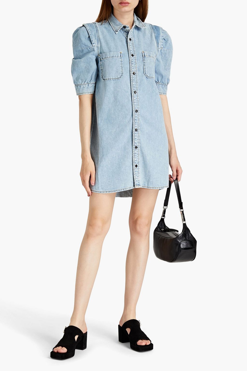 FRAME Gathered denim mini shirt dress