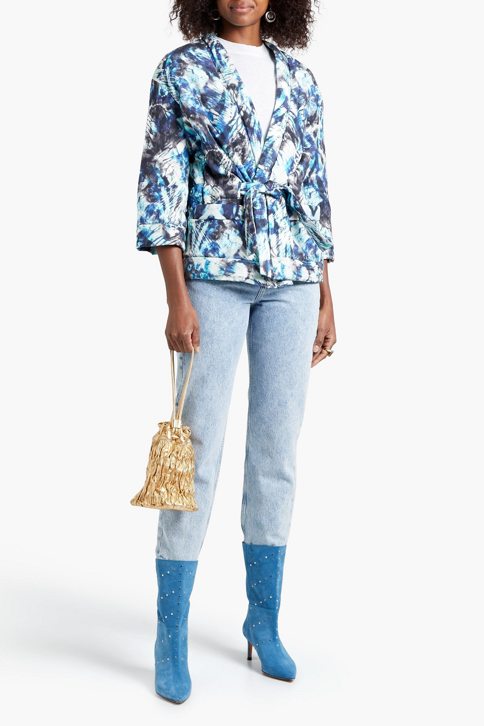 Iro Fayra Quilted Printed Crepe Wrap Jacket In Blue