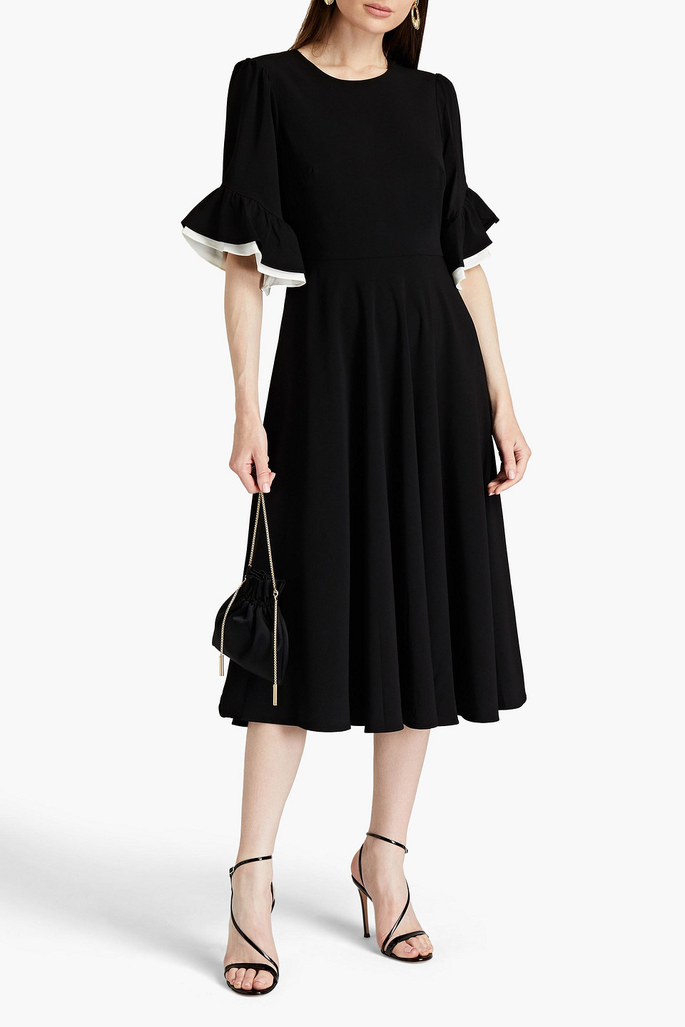 Mikael Aghal Ruffled Two-tone Crepe Midi Dress In Black