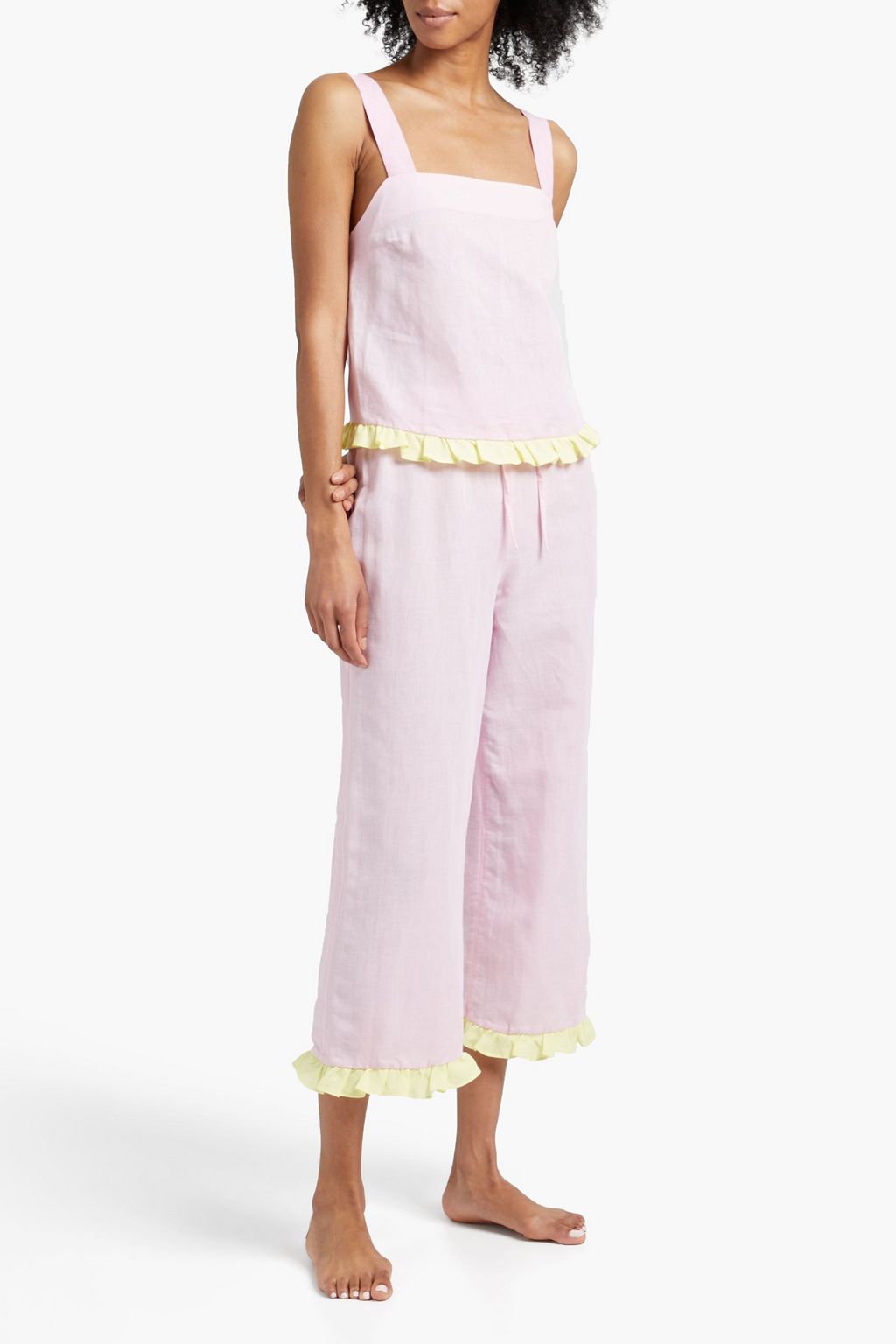 DORA LARSEN Emelie Pyjama-Oberteil aus einer Bio-Baumwoll-Leinenmischung mit Rüschen
