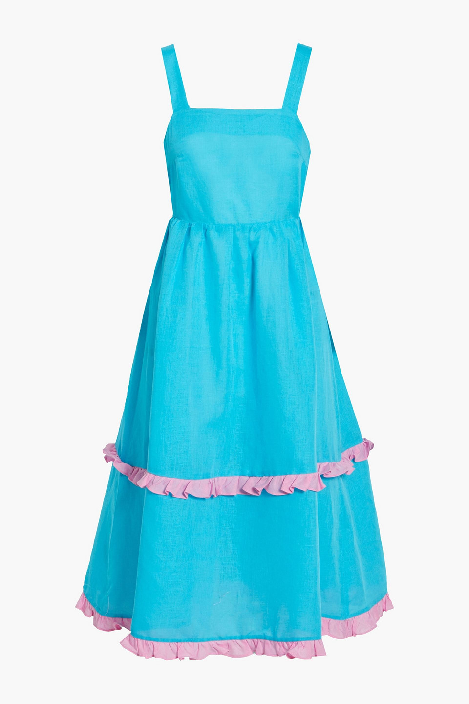 Dora Larsen Sienna Tiered Ruffled Linen And Organic Cotton-blend Nightdress In Turquoise