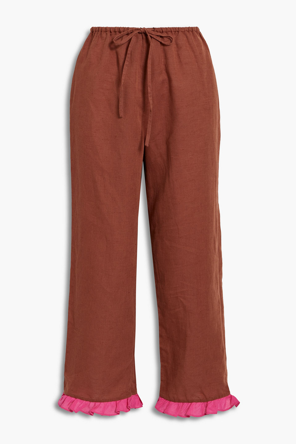 Dora Larsen Alexa Ruffled Linen And Organic Cotton-blend Pyjama Trousers In Brown