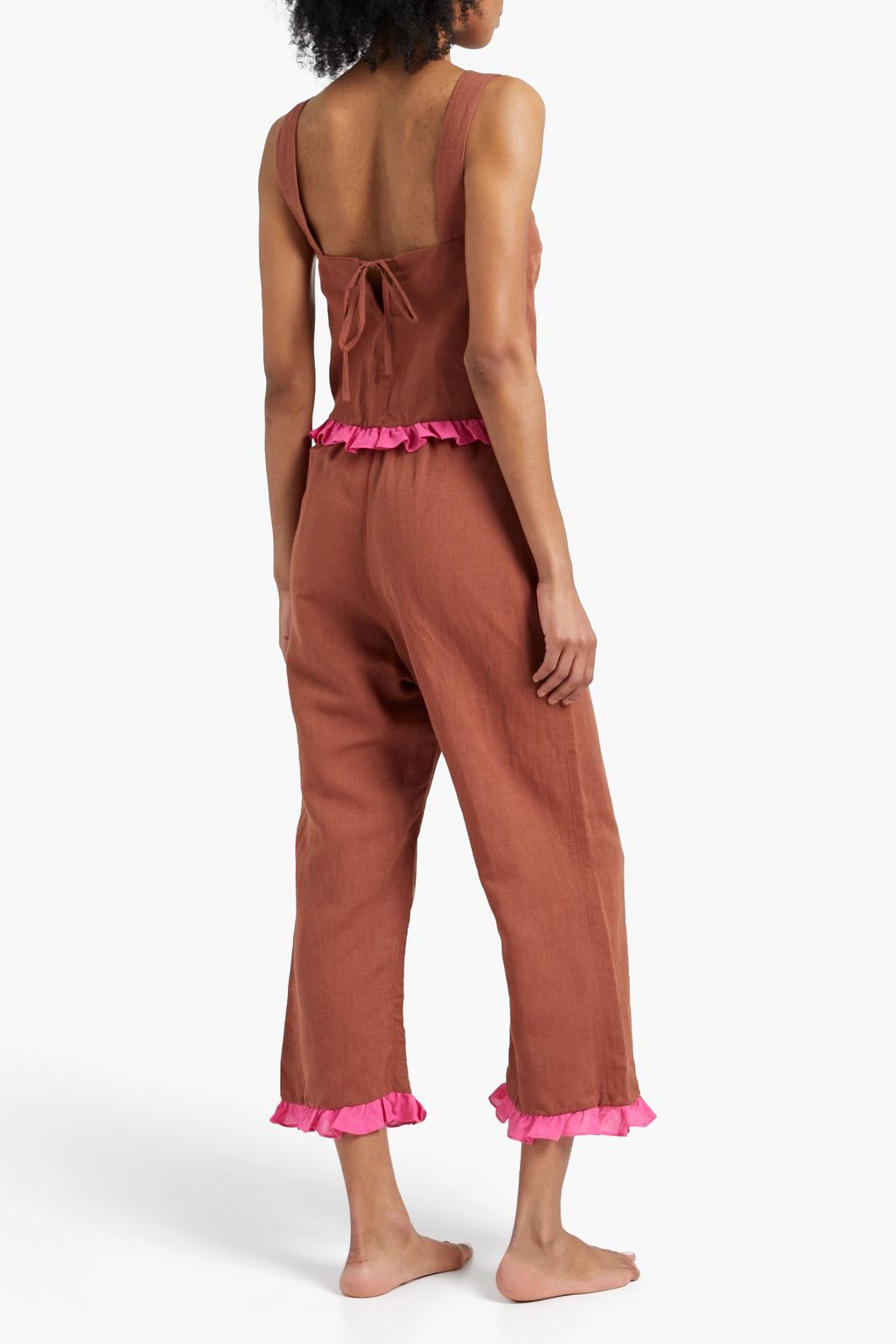 DORA LARSEN Alexa Pyjama-Oberteil aus einer Bio-Baumwoll-Leinenmischung mit Rüschen