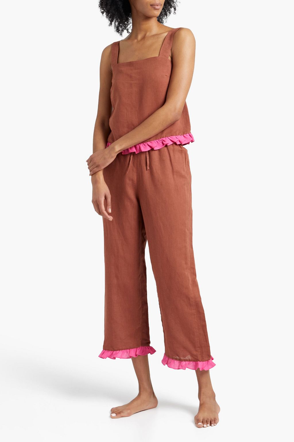DORA LARSEN Alexa Pyjama-Oberteil aus einer Bio-Baumwoll-Leinenmischung mit Rüschen
