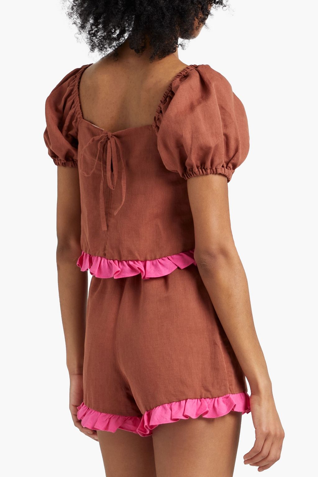DORA LARSEN Alexa ruffled linen and organic cotton-blend pajama top