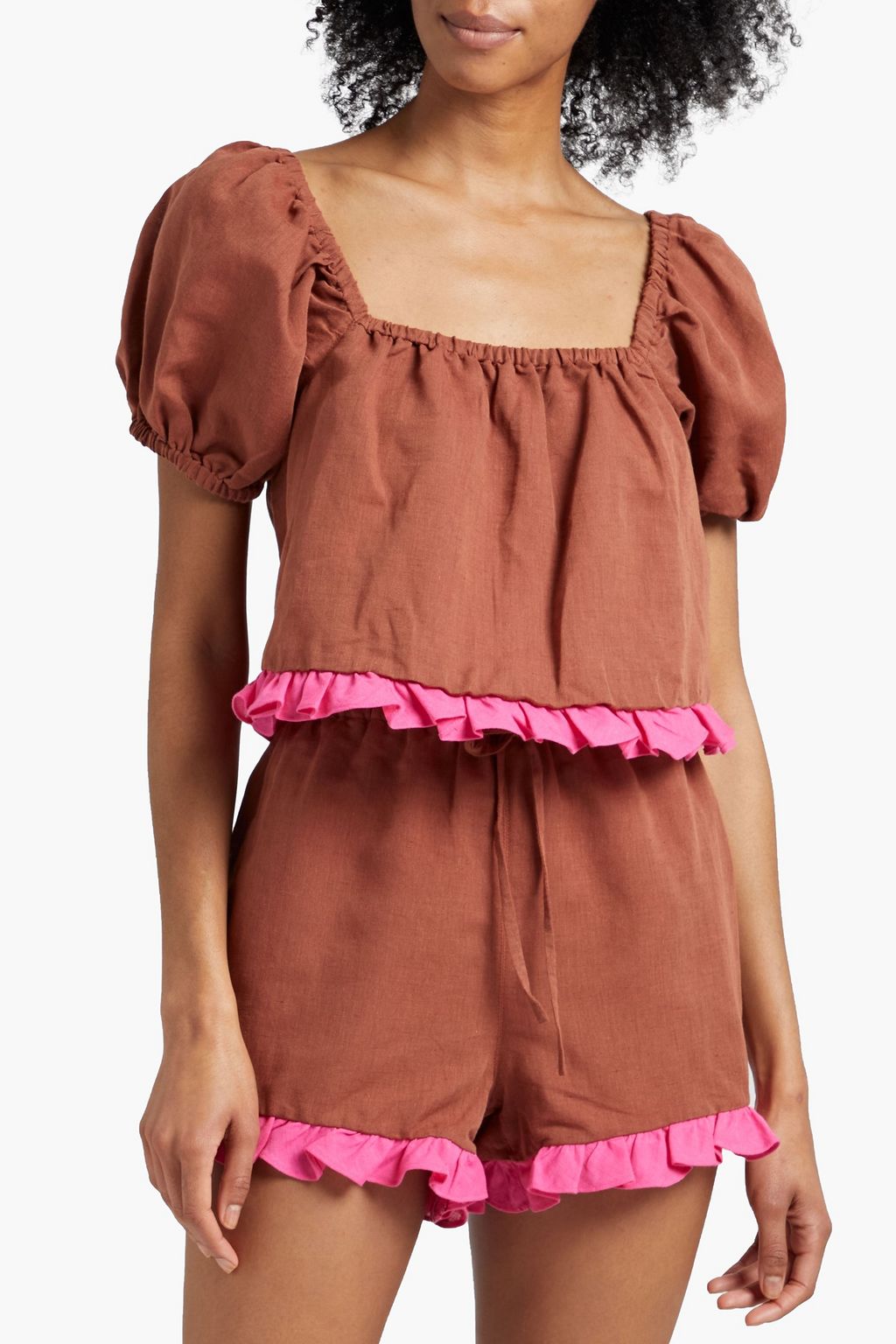 DORA LARSEN Alexa ruffled linen and organic cotton-blend pajama top