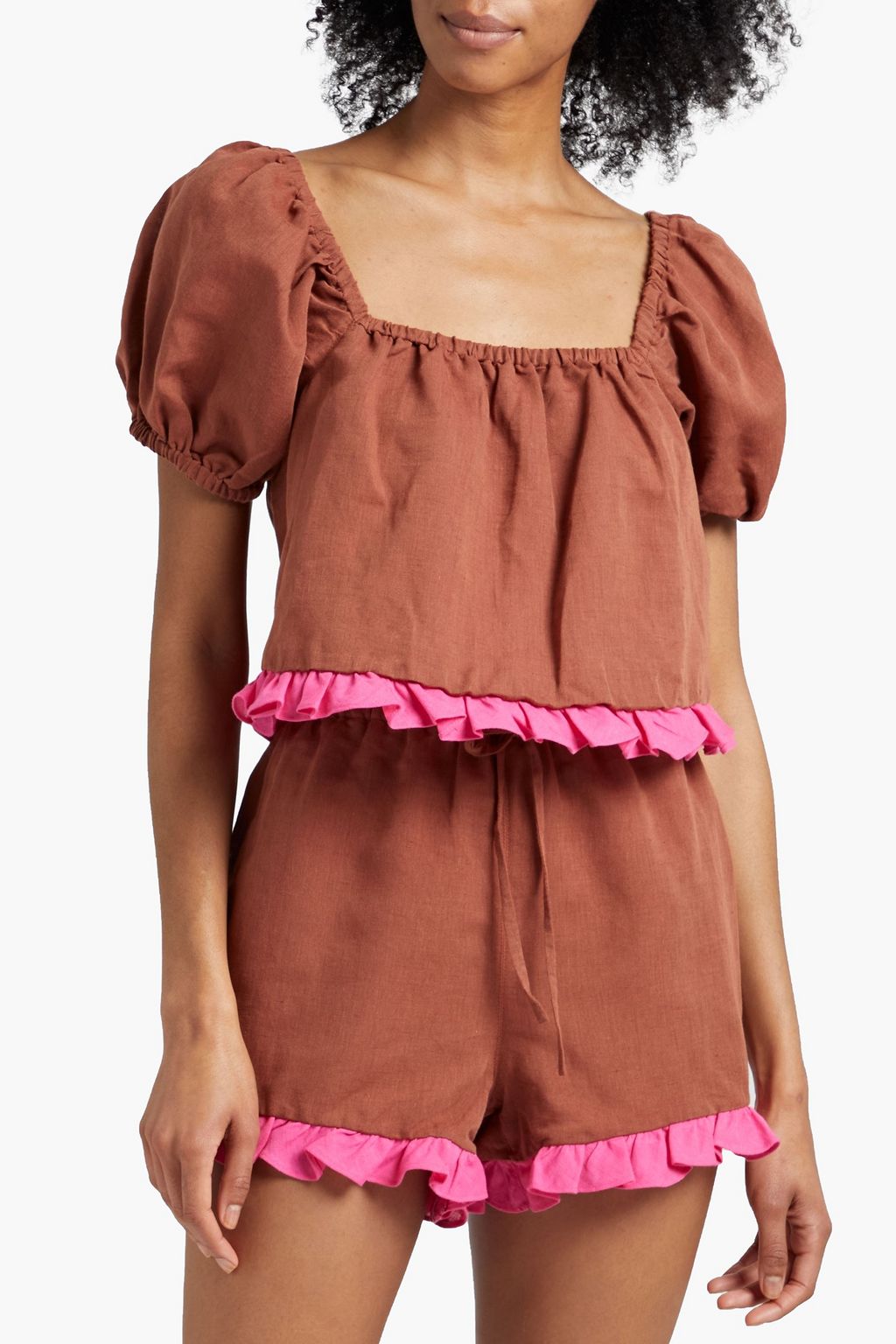 DORA LARSEN Alexa ruffled linen and organic cotton-blend pajama shorts