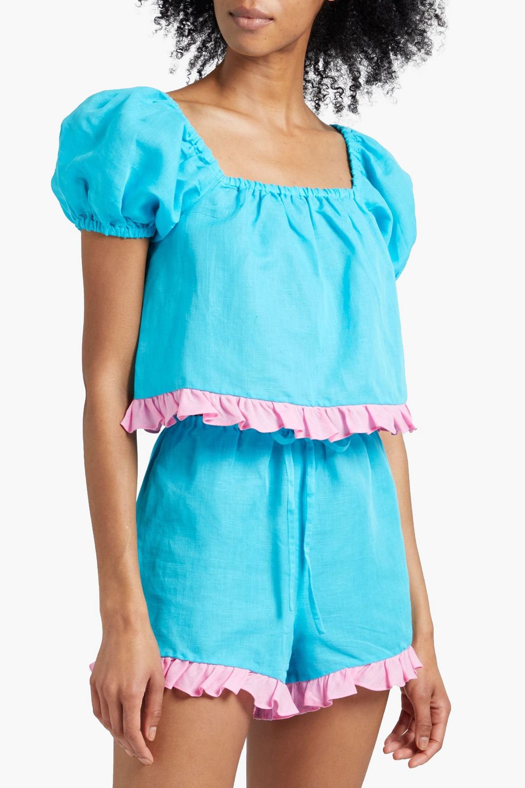 DORA LARSEN Sienna ruffled linen and organic cotton-blend pajama top