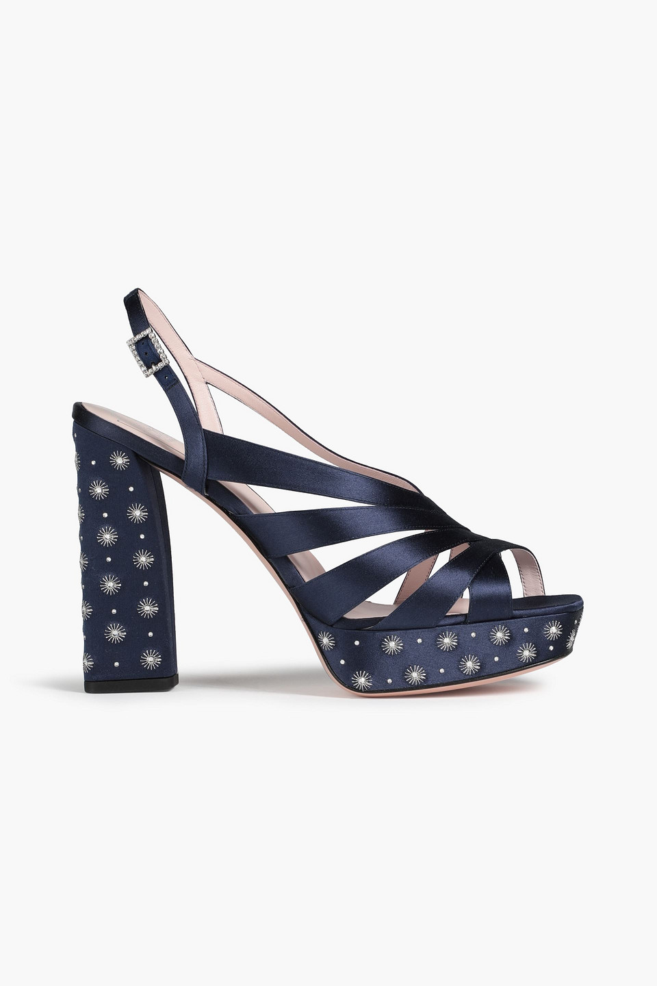 Embellished satin platform slingback sandals