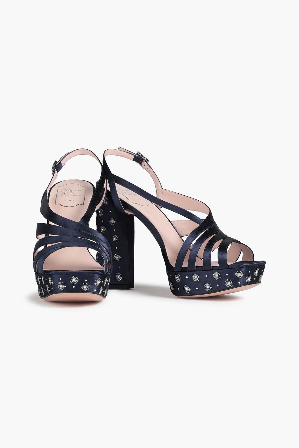 ROGER VIVIER صندل بحزام كاحل ونعل سميك من الساتان المزخرف