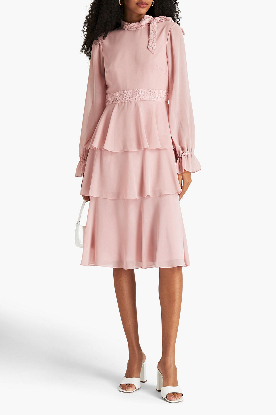 Shop Mikael Aghal Lace-trimmed Tiered Chiffon Dress In Pastel Pink