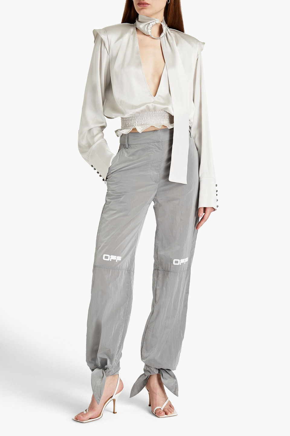 Off-white Shirred Cutout Satin-crepe Blouse In Grey