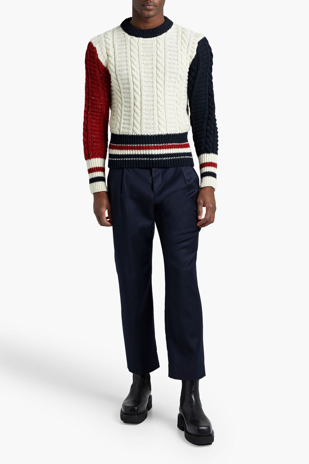 THOM BROWNE Color-block cable-knit wool and mohair-blend sweater