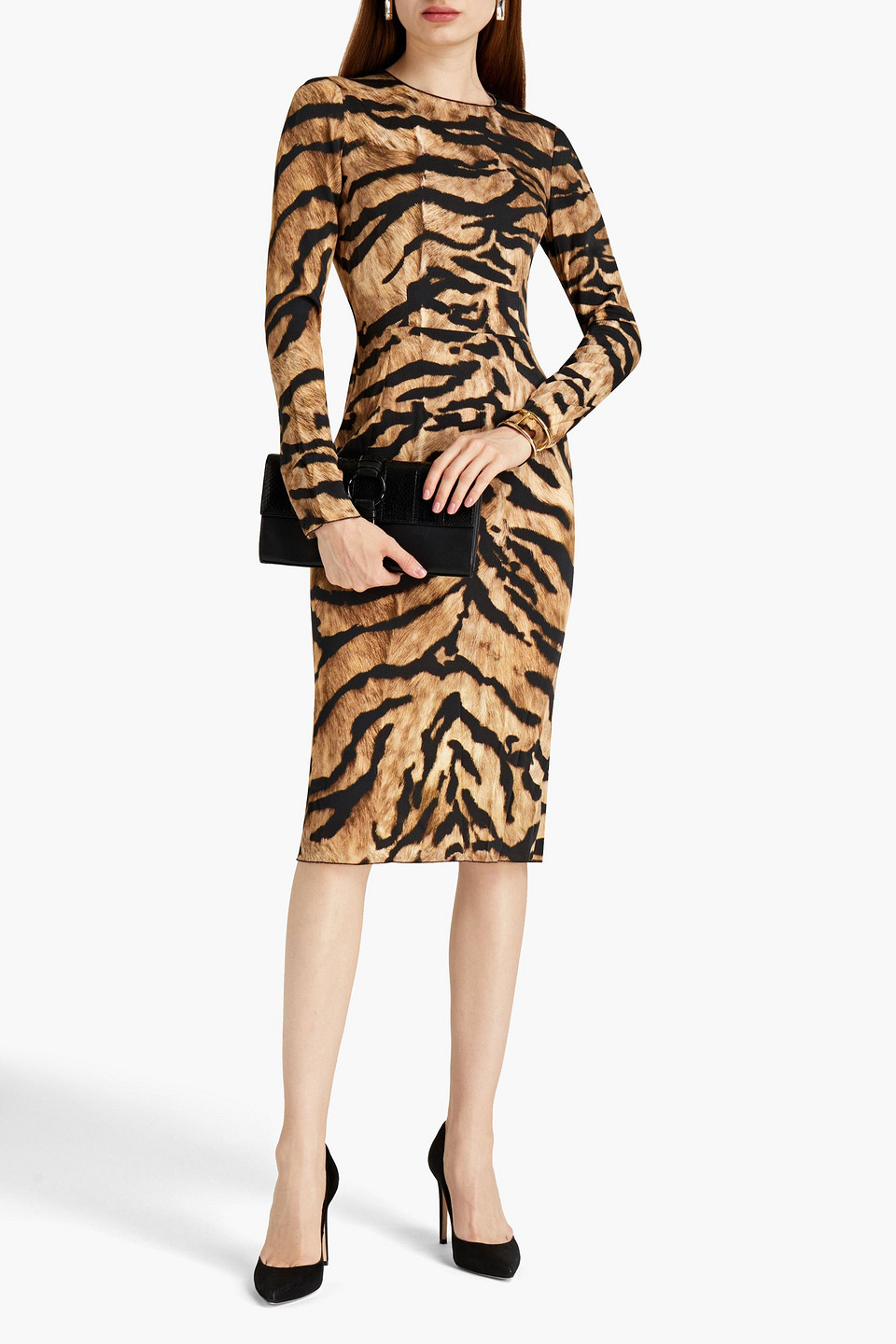 DOLCE & GABBANA TIGER-PRINT STRETCH-SILK CREPE MIDI DRESS,3074457345630857717