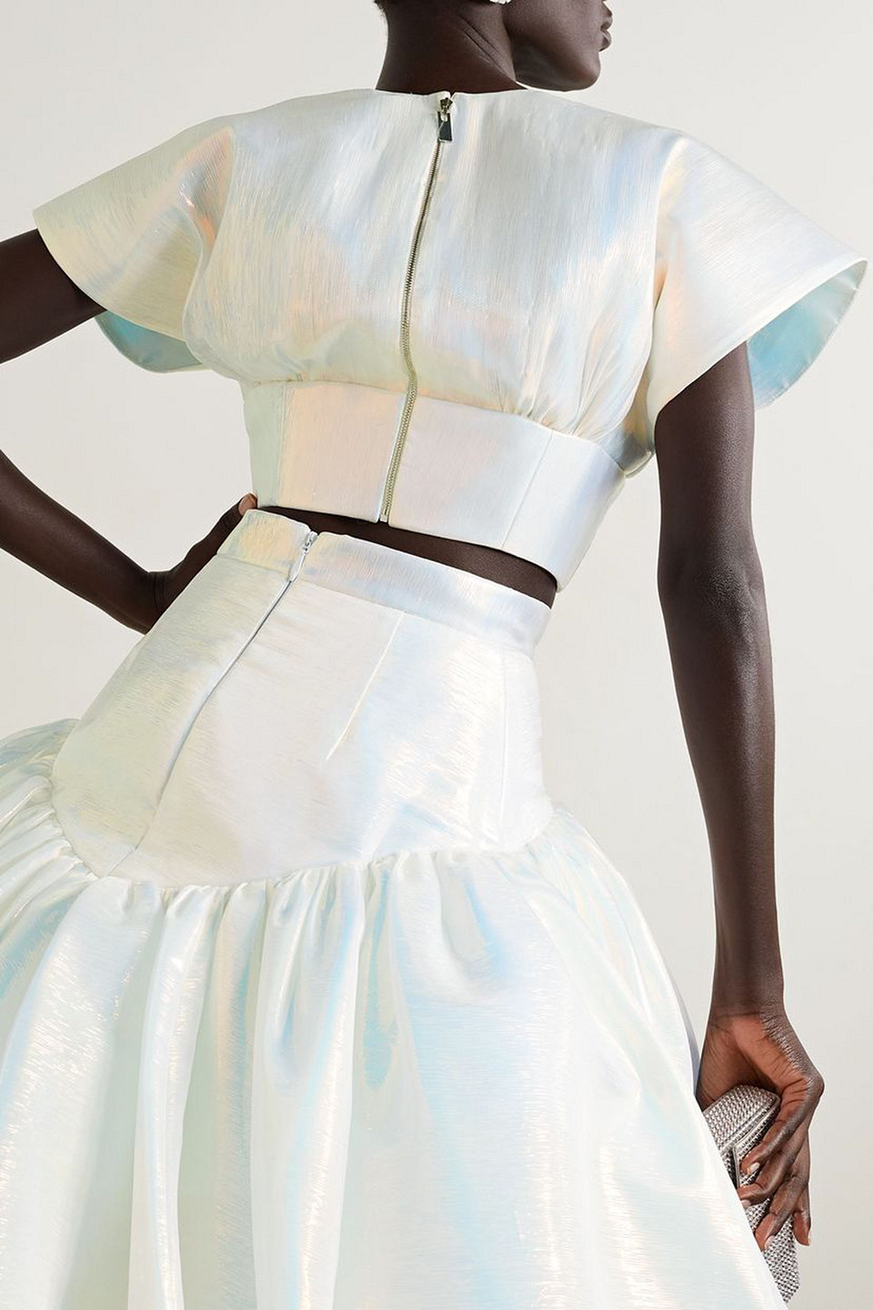 Christopher John Rogers Cropped Iridescent Textured Organza Top In White
