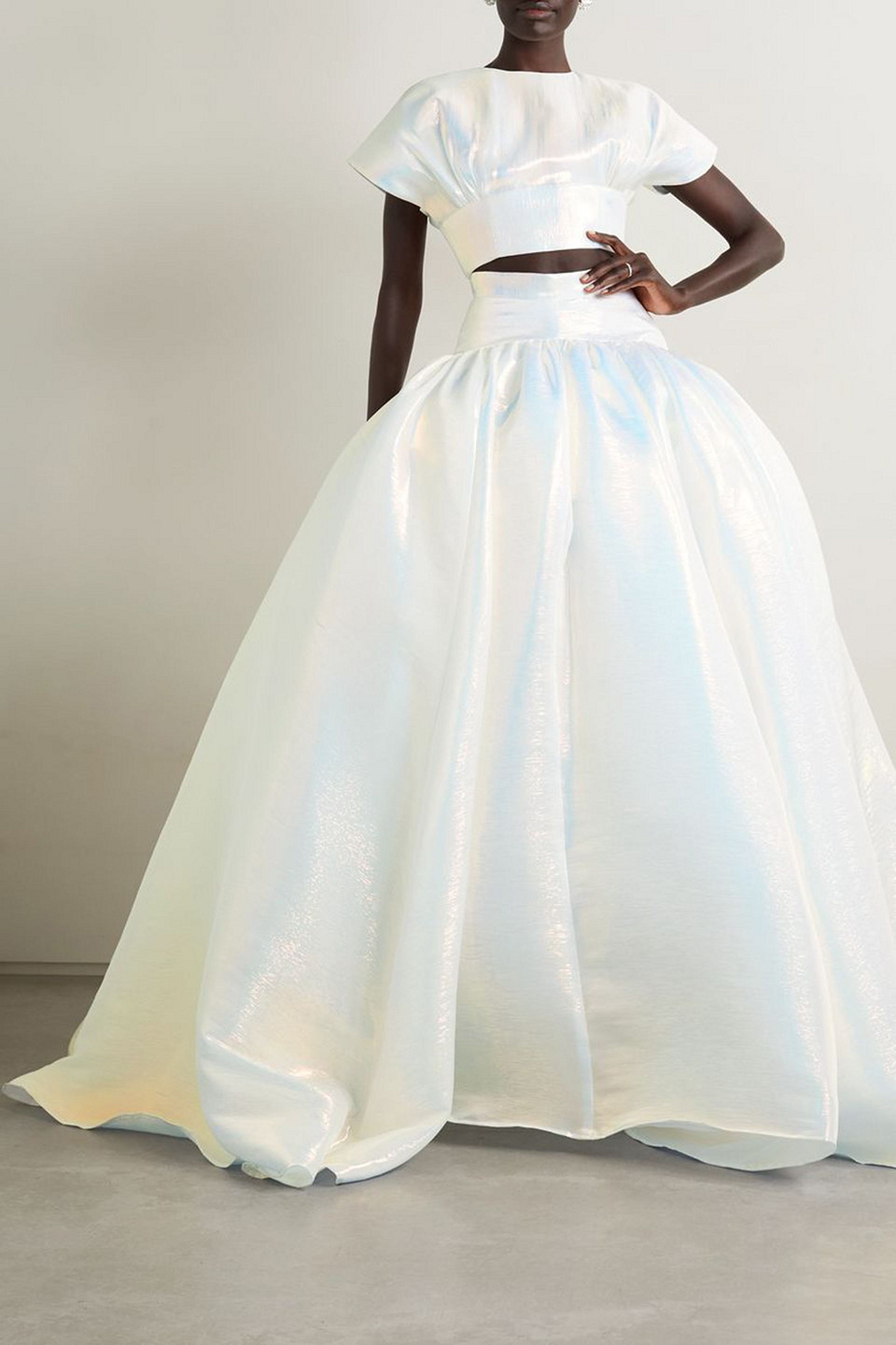 Christopher John Rogers Cropped Iridescent Textured Organza Top In White