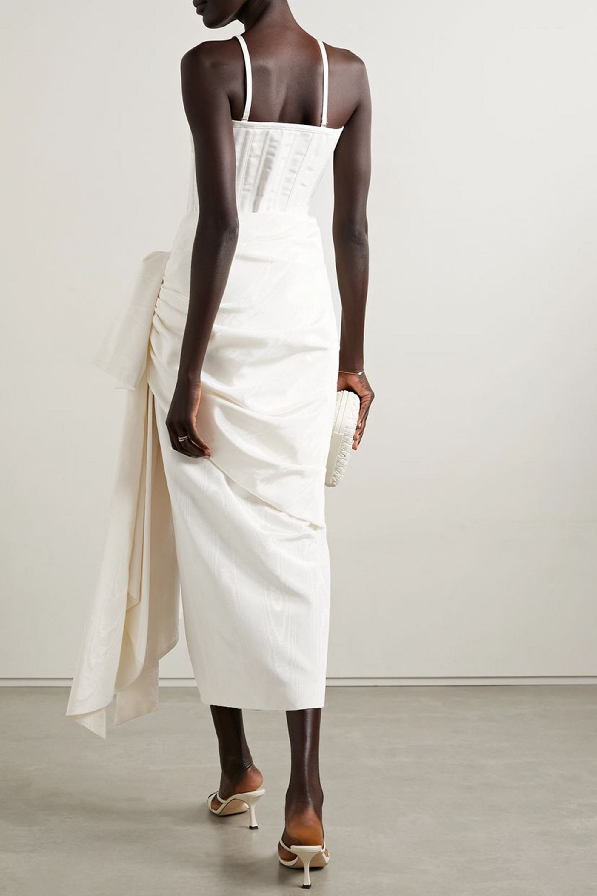 Christopher John Rogers Bow-detailed draped moire midi skirt thumbnail