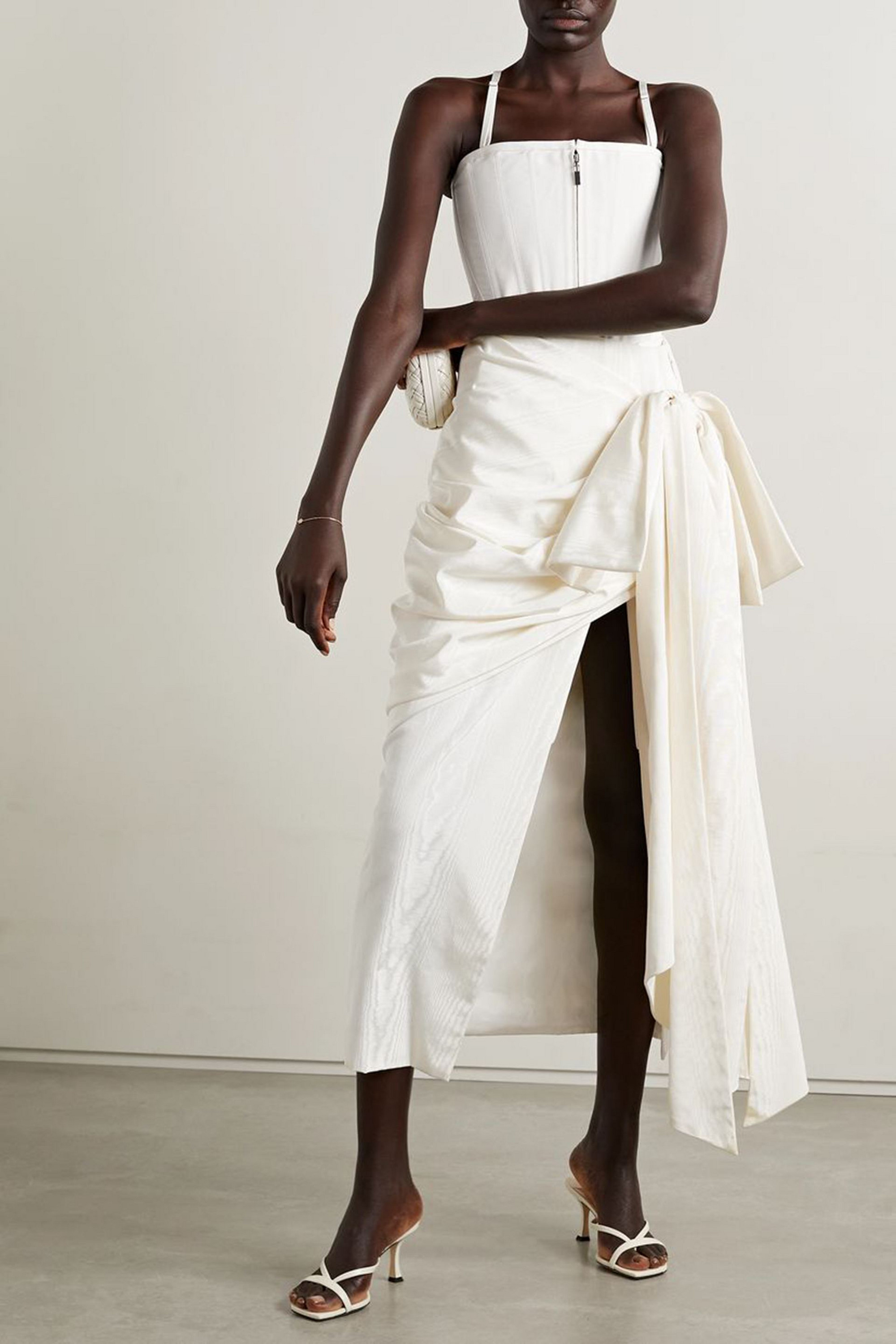 Christopher John Rogers Bow-detailed draped moire midi skirt