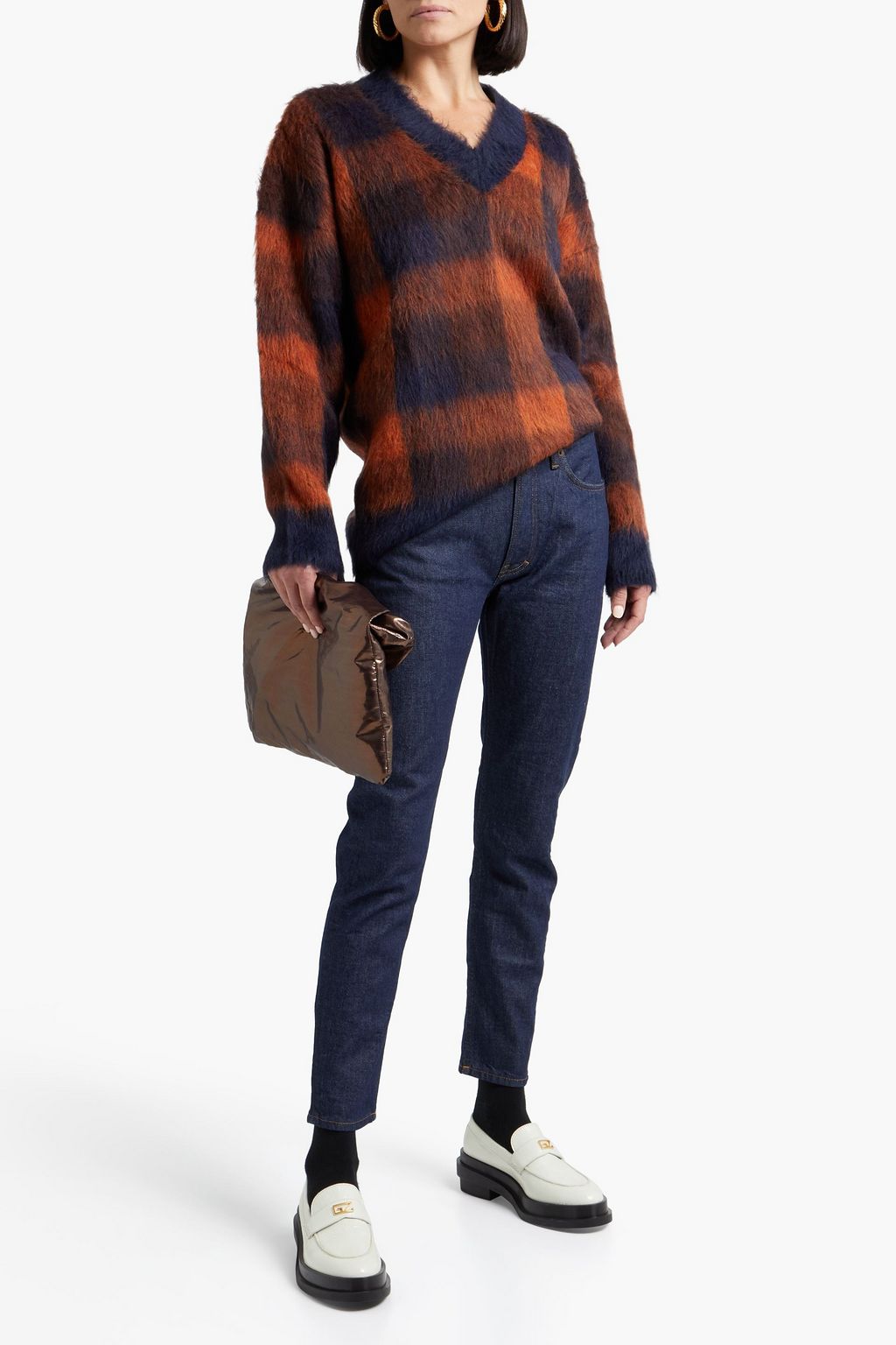 Checked brushed jacquard-knit sweater