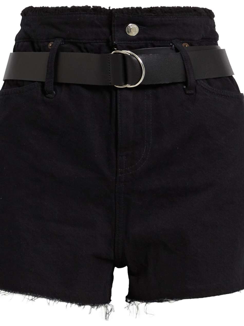 magnetic belted shearling-trimmed denim shorts