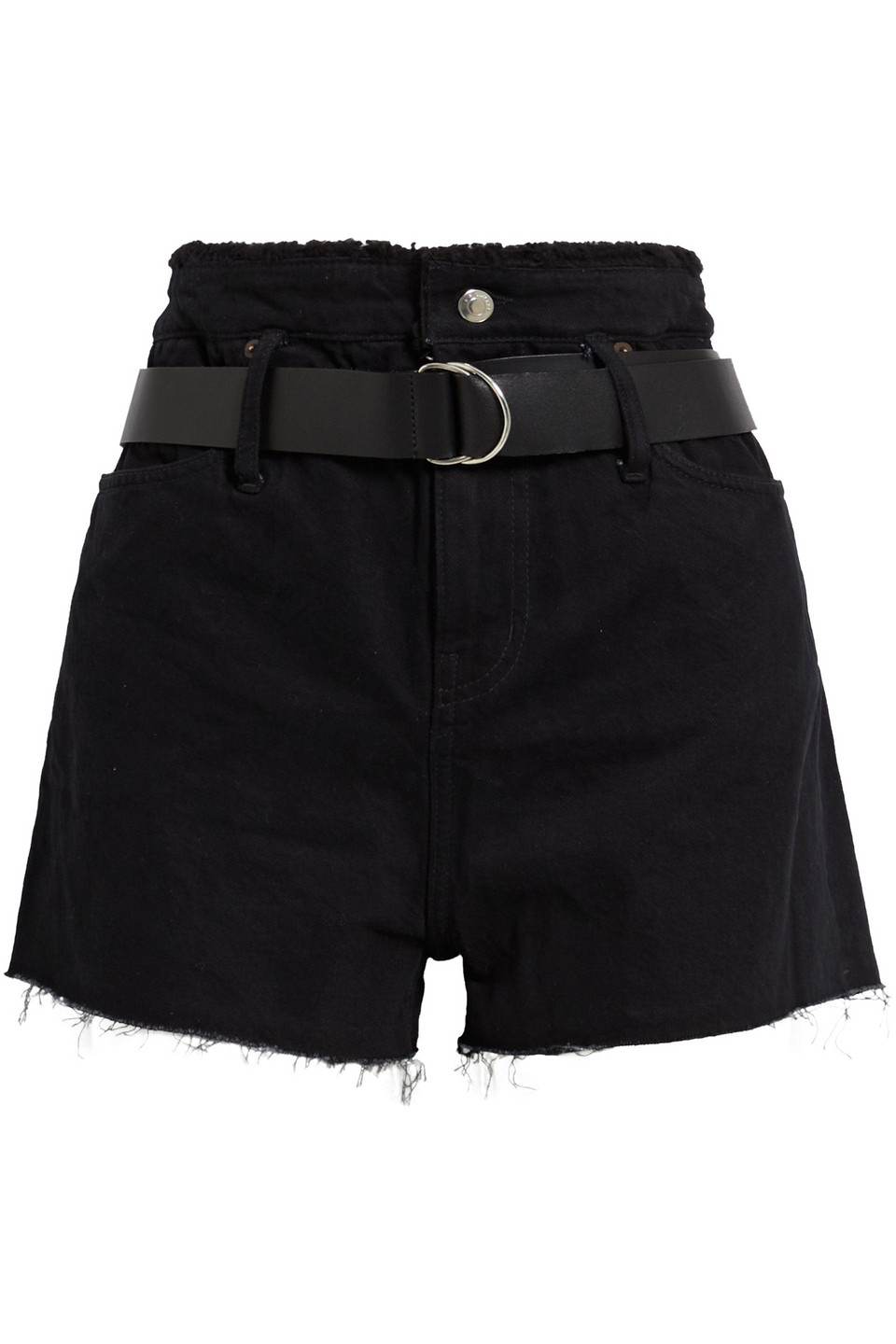 Magnetic belted shearling-trimmed denim shorts